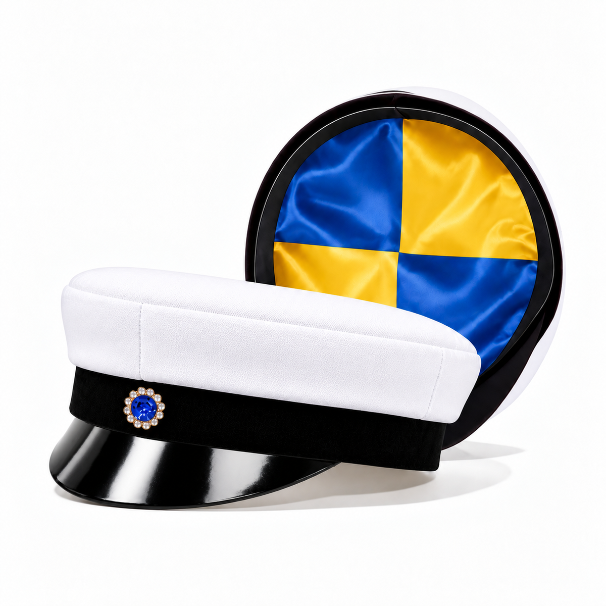 Swedish graduation cap showing the exterior and blue-and-yellow lining