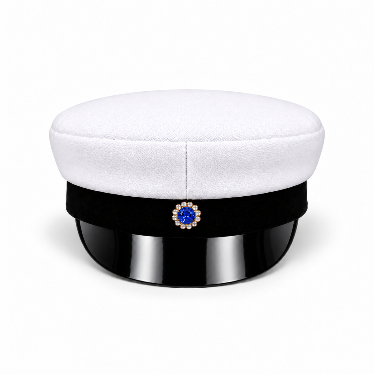 Swedish graduation cap, front and top view of the white crown