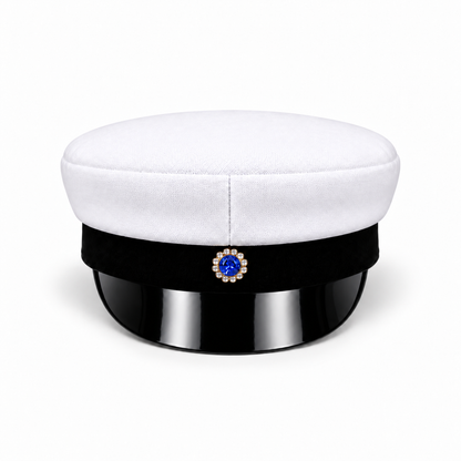 Swedish graduation cap, front and top view of the white crown